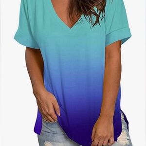 BLUE & AQUA GREEN OMBRE 
V-NECK TEE SHIRT SIZE S   EUC